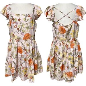 New Lottie & Holly Floral Print Ruffle Sleeve Mini Dress Blush Rust Size Large